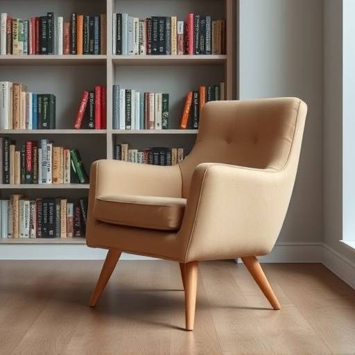 Classic beige armchair with wooden legs, positioned next to a bookshelf
