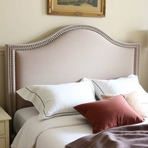 Custom headboard with upholstered fabric and nailhead trim in a bedroom