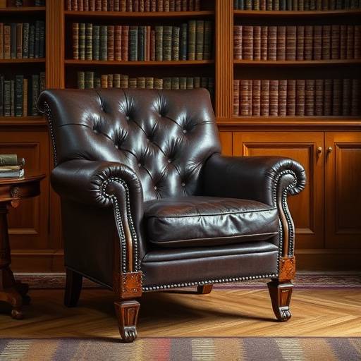 Custom leather armchair with a wooden frame in a study