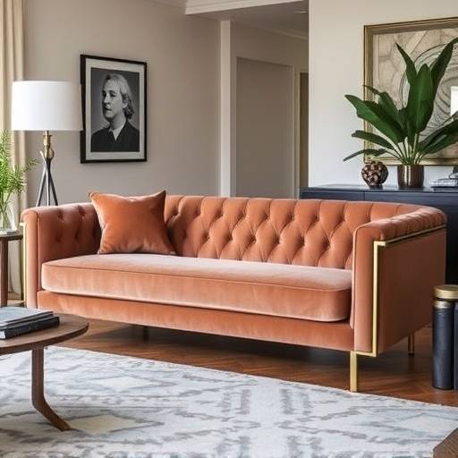 Custom velvet sofa with tufted detailing and brass legs in a modern living room