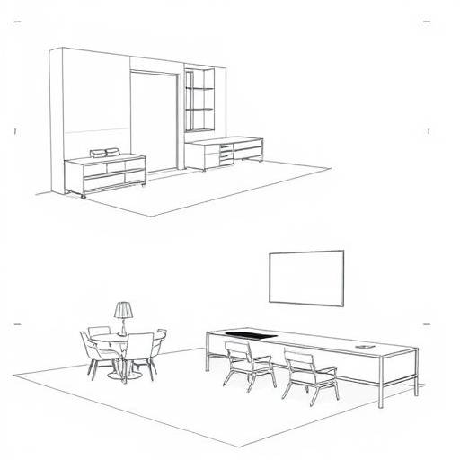 Design sketches and 3D renderings of custom furniture designs
