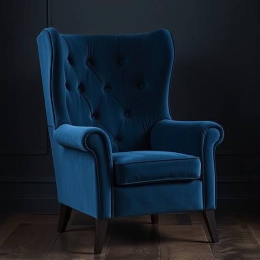 High-backed armchair in a study, upholstered in deep blue velvet