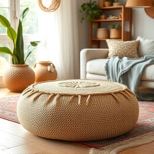 Large floor pouf made of jute, used as casual seating in a bohemian style living room