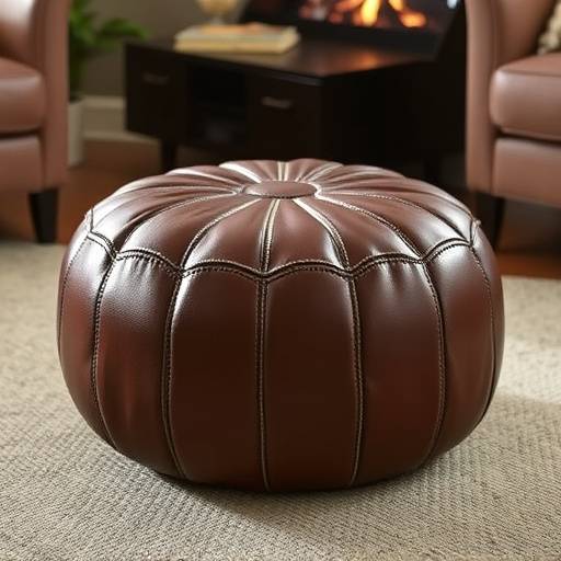 Leather pouf with a stitched pattern, used as a footrest in a living room