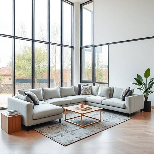 Modern sectional sofa in a minimalist living room with large windows