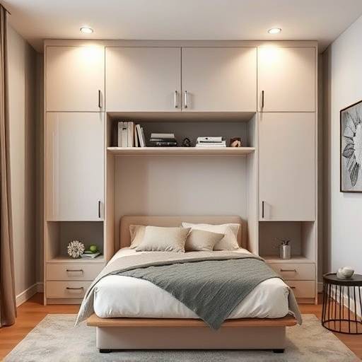 Murphy bed integrated into a wall unit in a small apartment