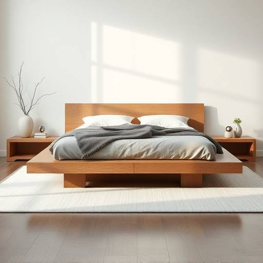 Platform bed with a low profile and integrated side tables, styled with minimalist decor
