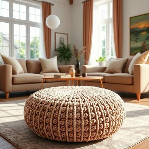 Round, knitted pouf in a bright living room with a coffee table
