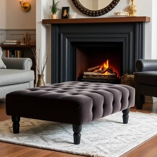 Stylish ottoman upholstered in velvet in front of a fireplace.