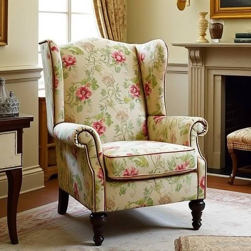 Wingback armchair in a traditional sitting room, upholstered in floral patterned fabric